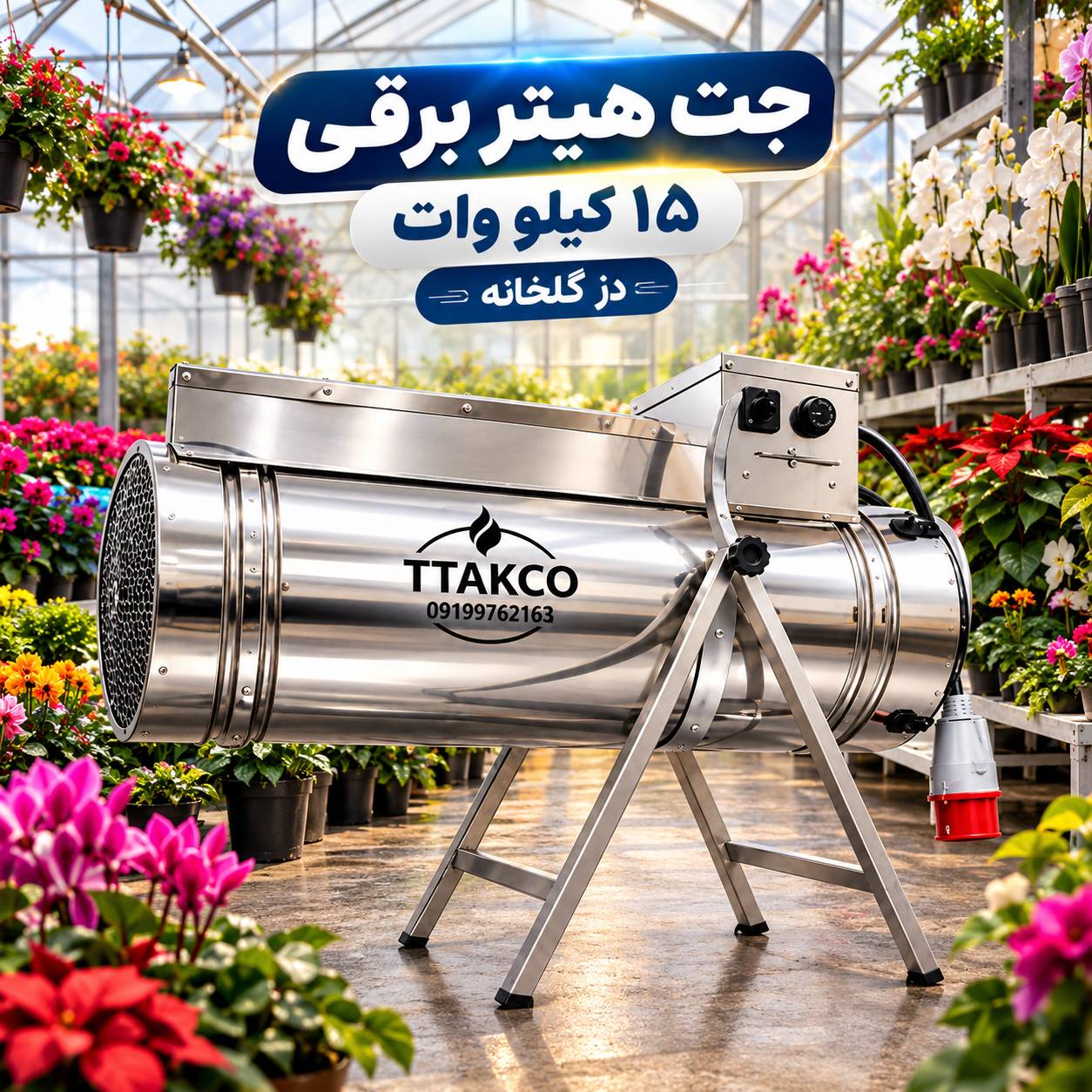تصویر جت هیتر برقی 15 کیلو وات در گلخانه تی تاک