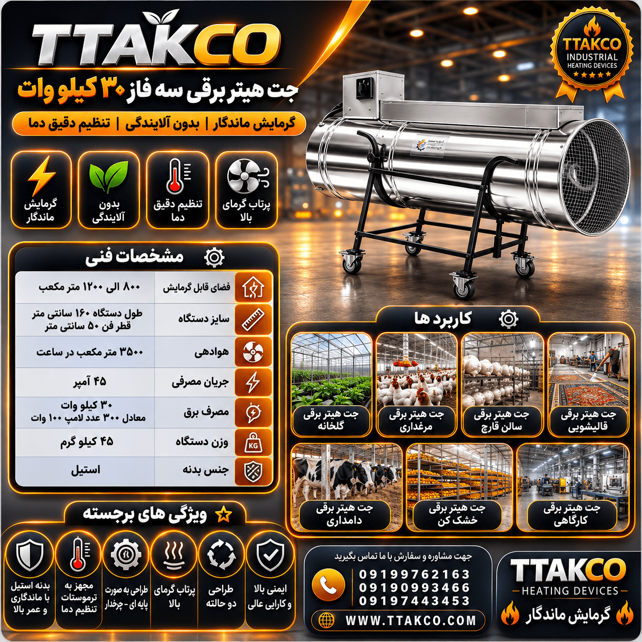 کاتالوگ فنی جت هیتر برقی سه فاز 30 کیلو وات تی تاک